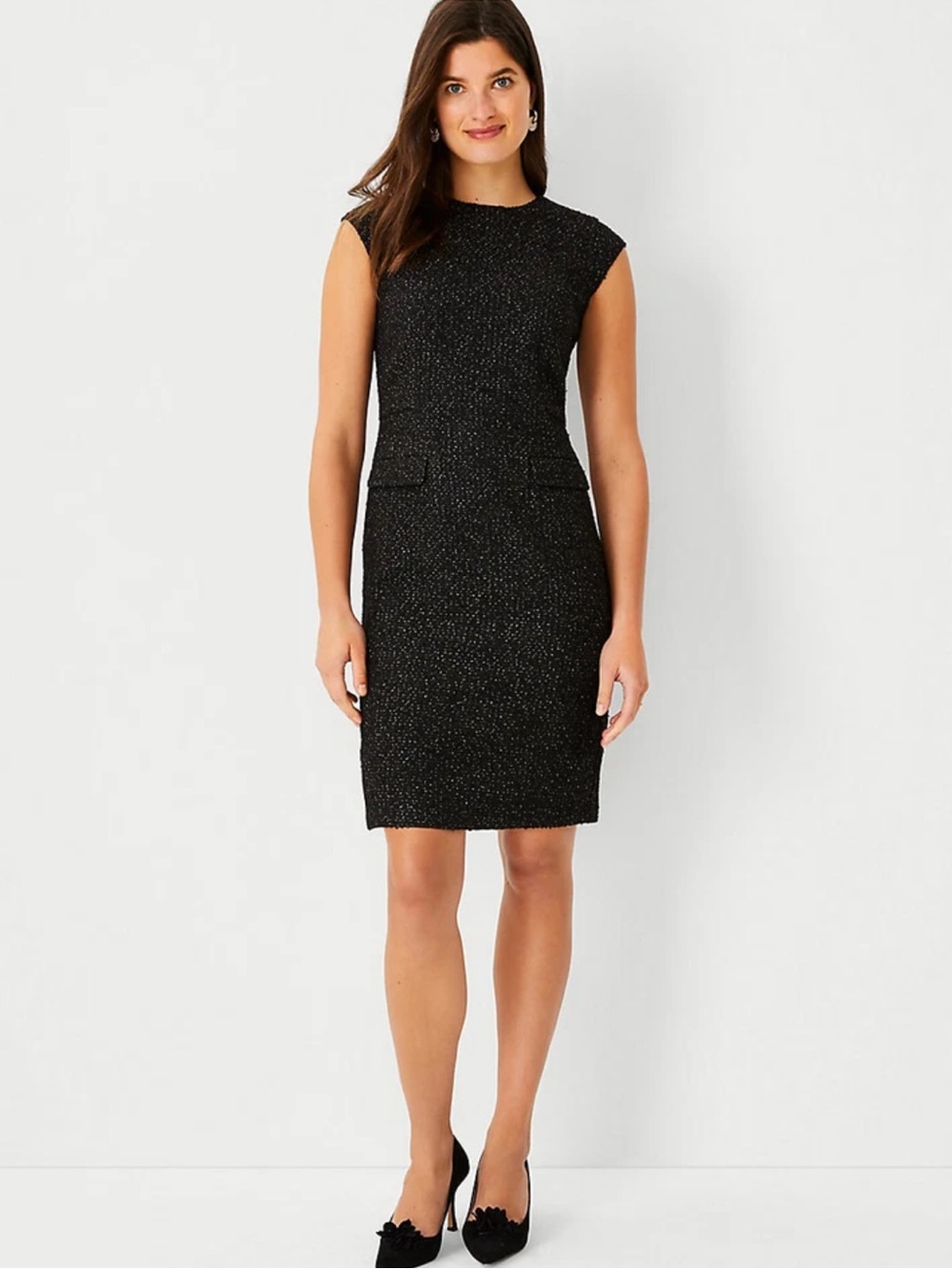 NWT Ann Taylor Black Tweed Shift Dress with Gold Shimmer Details, Cocktail Work